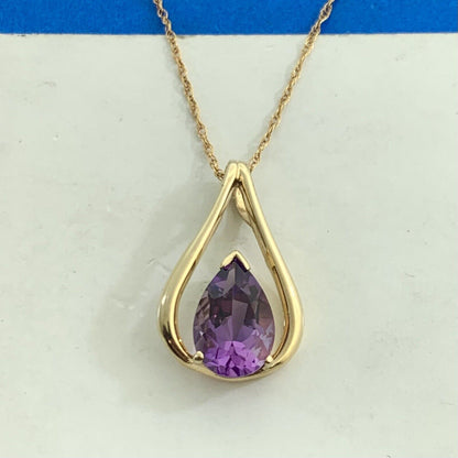 Designer RGE 10K Yellow Gold Pear Shaped Amethyst Drop Dangle Pendant Necklace