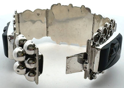 CBR Taxco Mexico 925 Sterling Silver Carved Black Onyx Statement Panel Bracelet