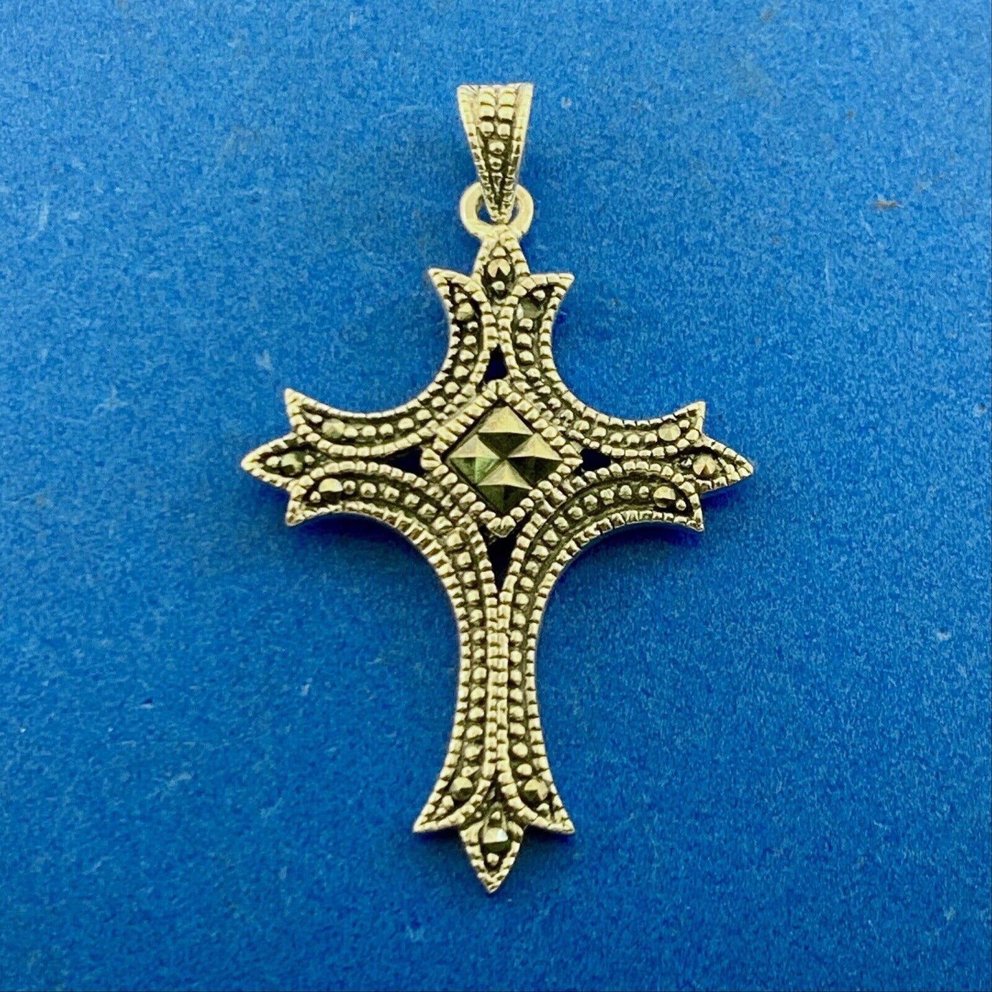 Designer 925 Sterling Silver Marcasite Beaded Detail Gothic Cross Large Pendant
