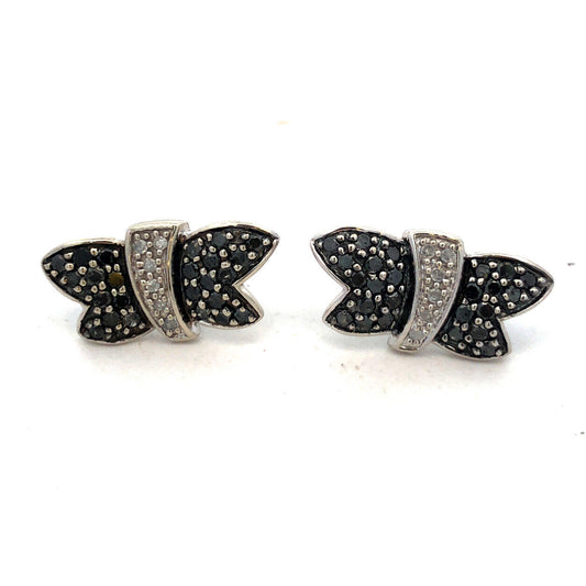 Designer 10K White Gold Round Sapphire Diamond Butterfly Statement Stud Earrings