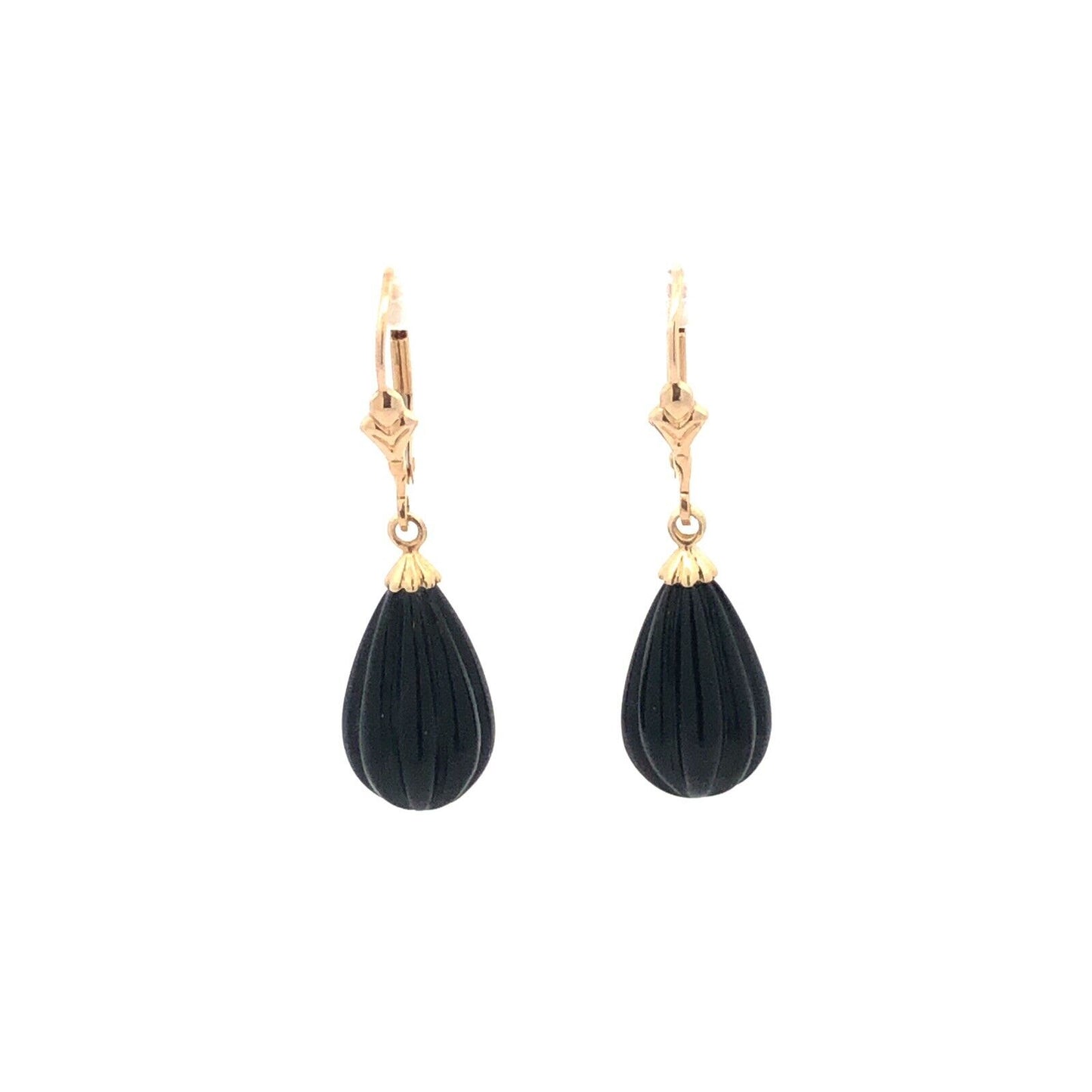 Designer 14K Yellow Gold Ribbed Onyx Pear Drop Dangle Leverback Earrings