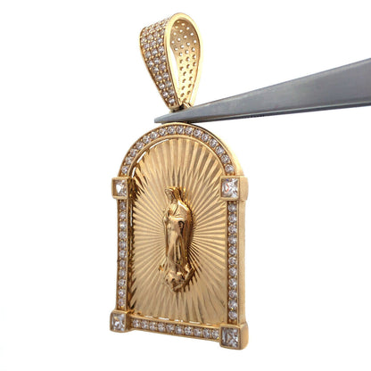 Custom 10K Yellow Gold Cut Cubic Zirconia Madonna Religious Statement Pendant
