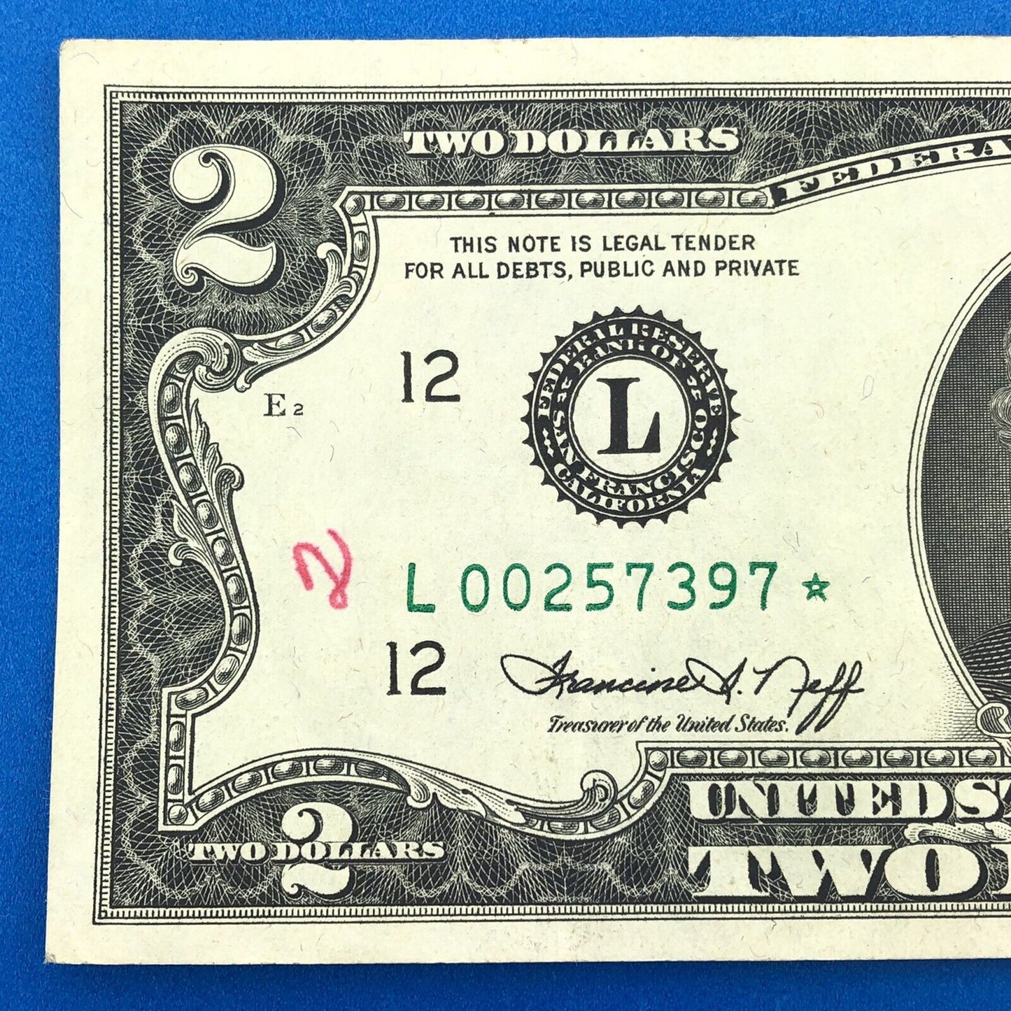 1976 Series $2 Federal Reserve San Francisco Star Note FR F-1935L* Tellers Mark