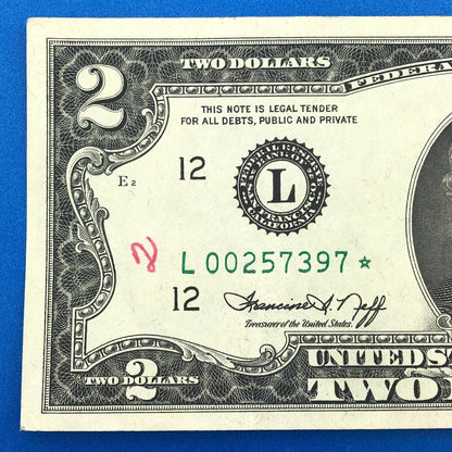 1976 Series $2 Federal Reserve San Francisco Star Note FR F-1935L* Tellers Mark
