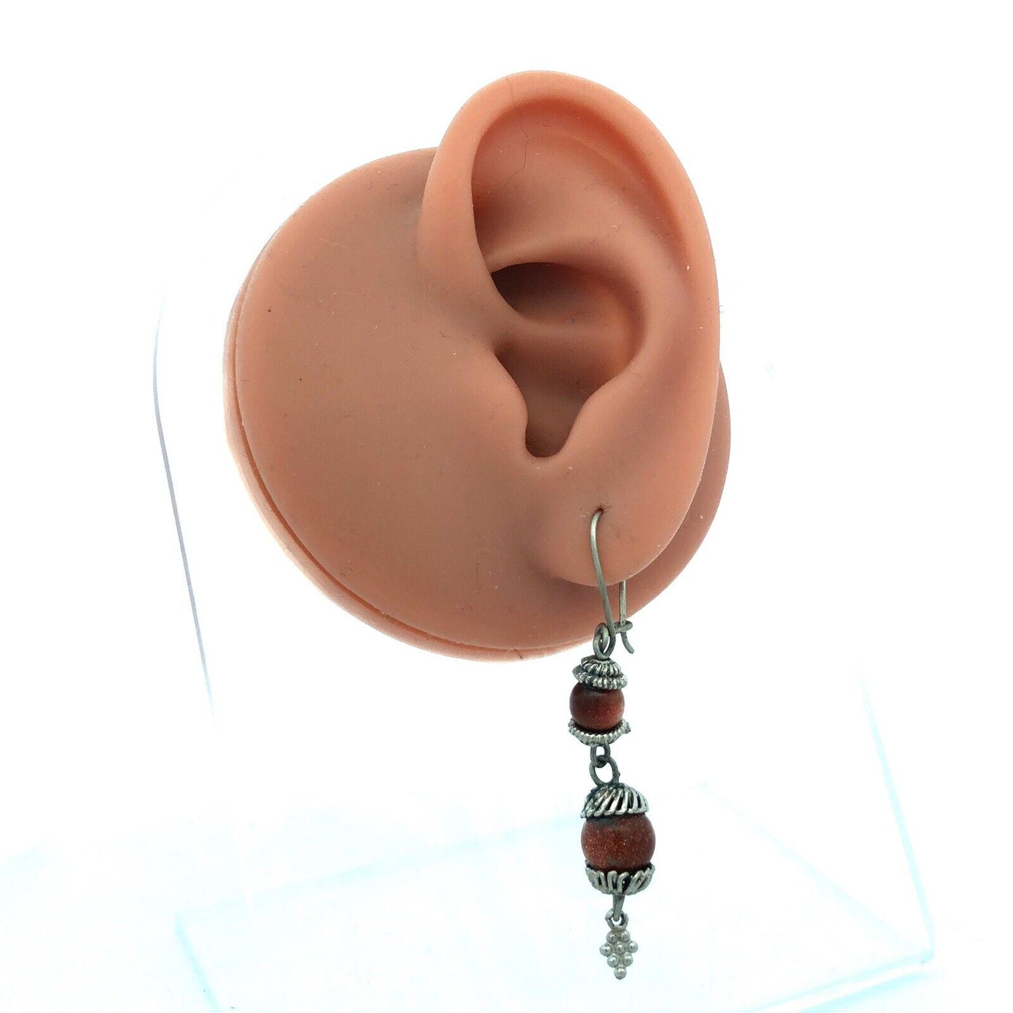 Vintage Silver Tone Orange Goldstone Glitter Beaded Hook Dangle Earrings