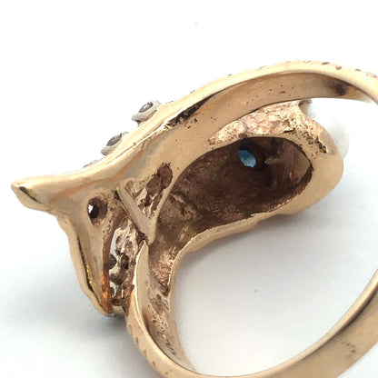 Vintage 14K Yellow Gold Diamond Pearl Blue Sapphire Fish Bypass Ring
