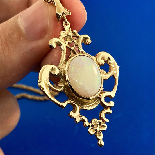 Vintage 14K Yellow Gold Opal Open Scroll Work October Statement Pendant Necklace