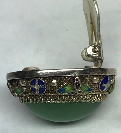 Vintage Artisan Sterling Silver Jade Cloisonne Filigree Statement Clip Earrings