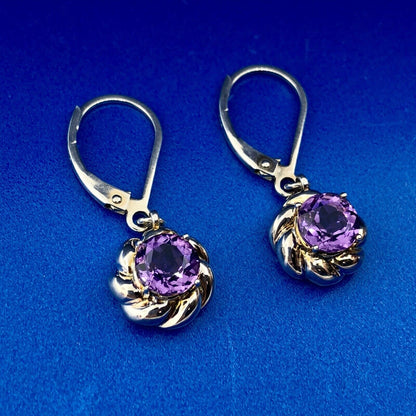 Designer Sterling Silver 925 Amethyst Flower Twist February Dangle Earrings