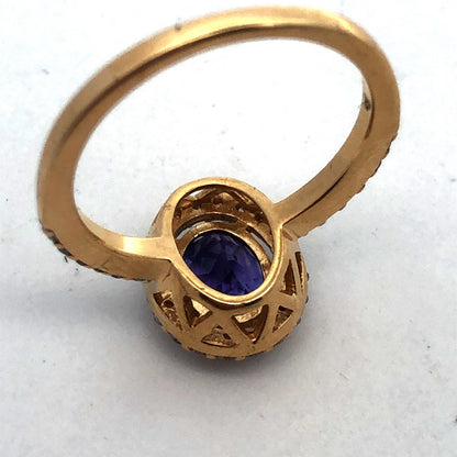Designer 18K Yellow Gold Oval Tanzanite Diamond Halo Engagement Cocktail Ring