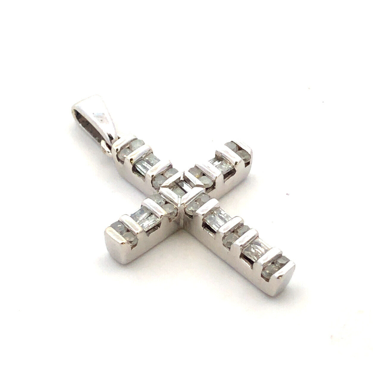 Designer SNJ 10K White Gold Round Baguette Diamonds Cross Pendant