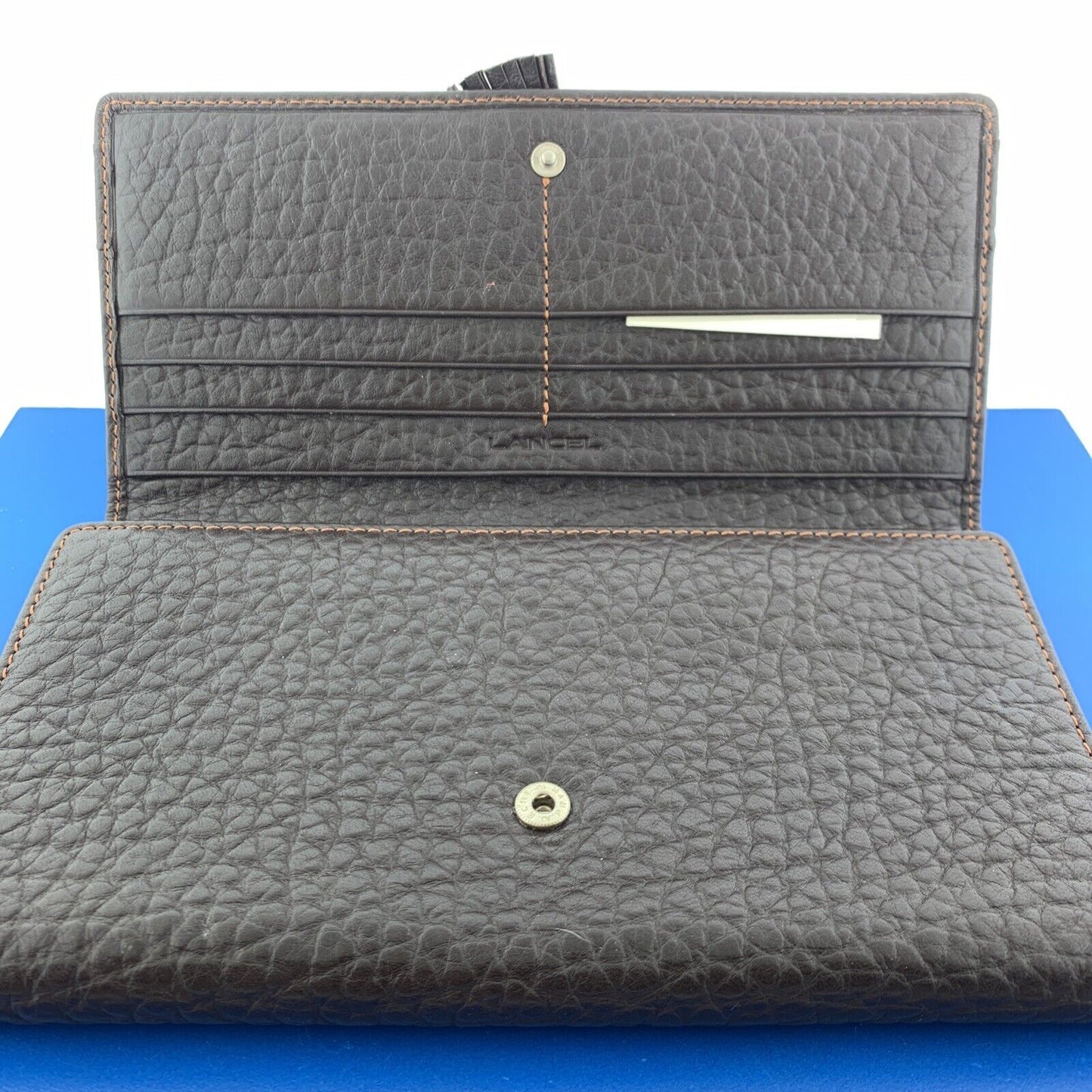Authentic Lancel Paris Pebbled Chocolate Leather Billfold Clutch New Without Tag