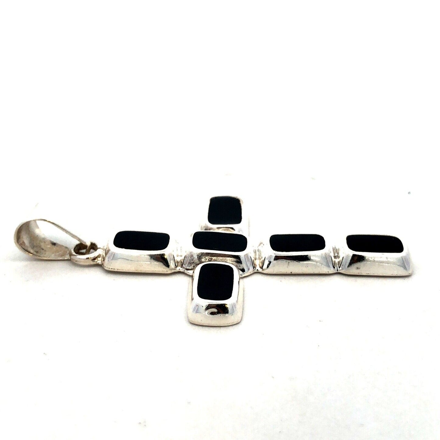 Vintage 925 Sterling Silver Rectangle Black Onyx Bezel Cross Pendant