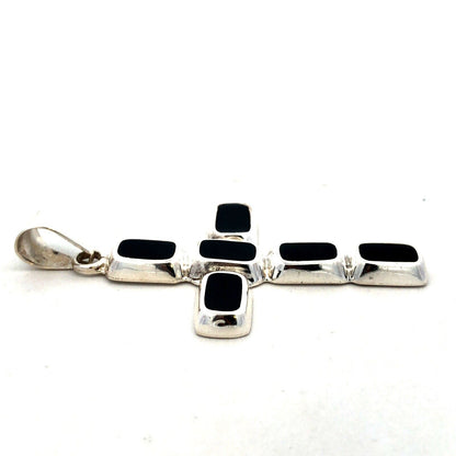 Vintage 925 Sterling Silver Rectangle Black Onyx Bezel Cross Pendant