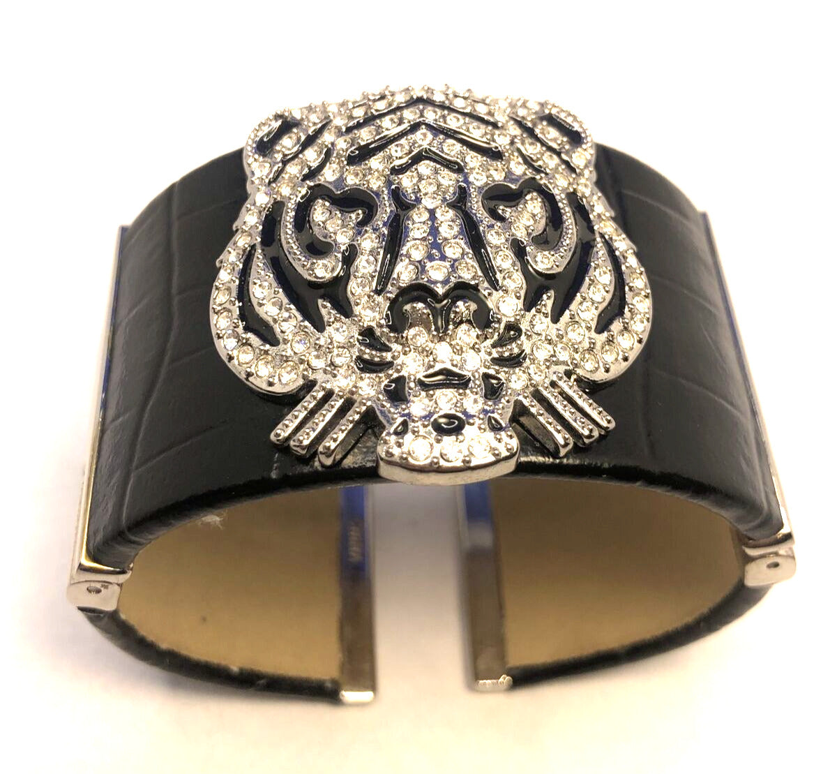 Genuine Black Leather CZ Black Enamel Tiger Head Statement Hinged Cuff Bracelet