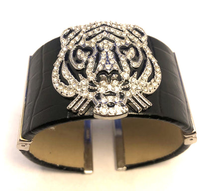 Genuine Black Leather CZ Black Enamel Tiger Head Statement Hinged Cuff Bracelet