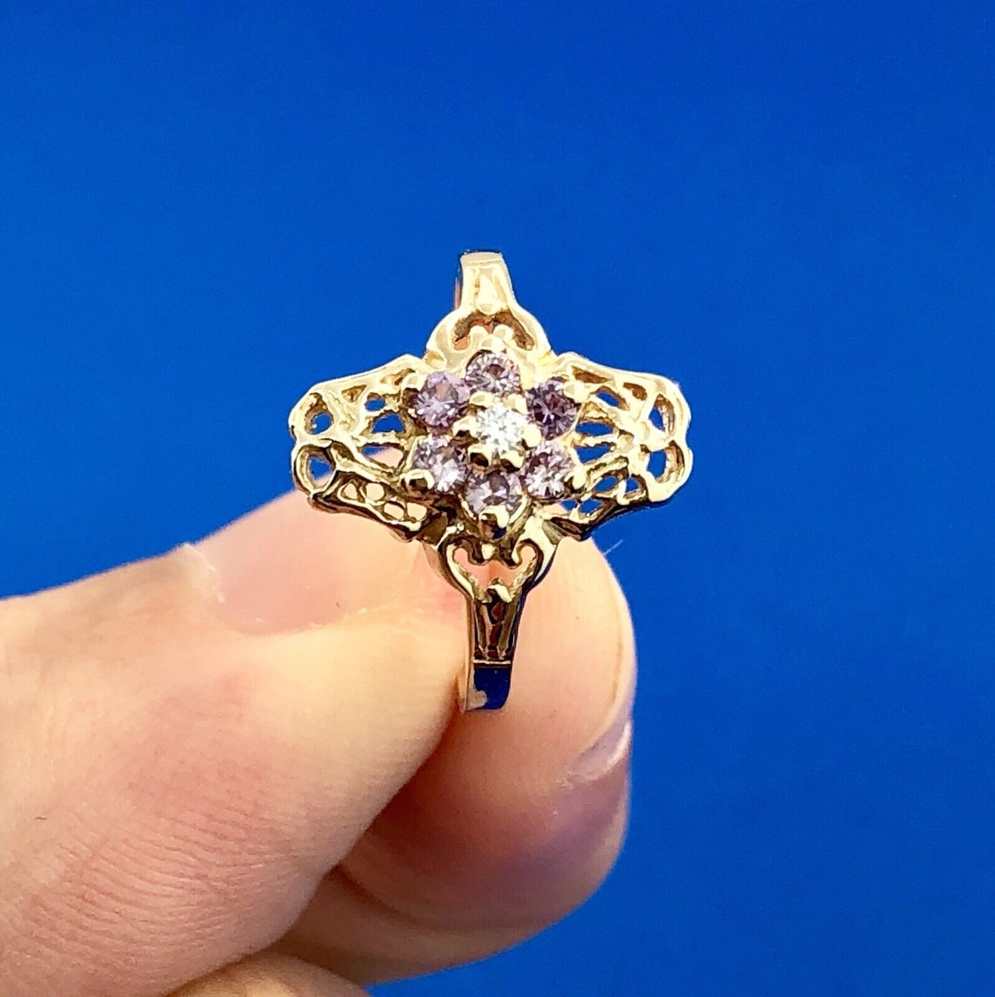 Exquisite Art Deco 10K Yellow Gold Diamond Amethyst Floral February Ring