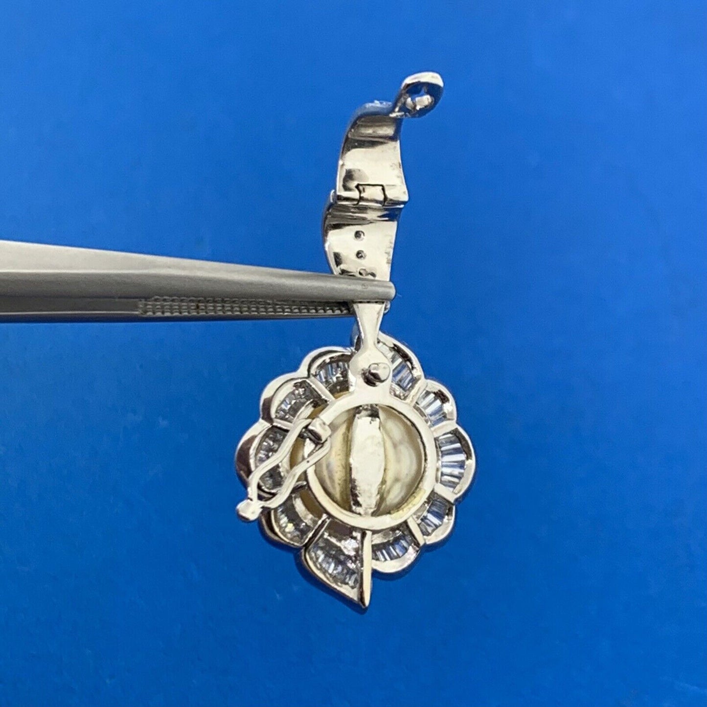 Estate 14K White Gold Pearl Diamond Baguette Halo Statement Enhancer Pendant