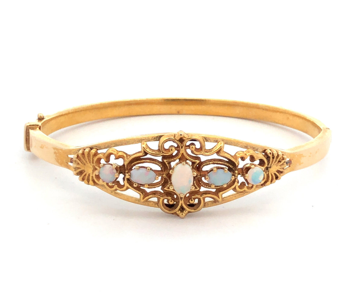 Art Deco 14K Yellow Gold Ornate Opal Scroll Decorative Scroll Bangle Bracelet
