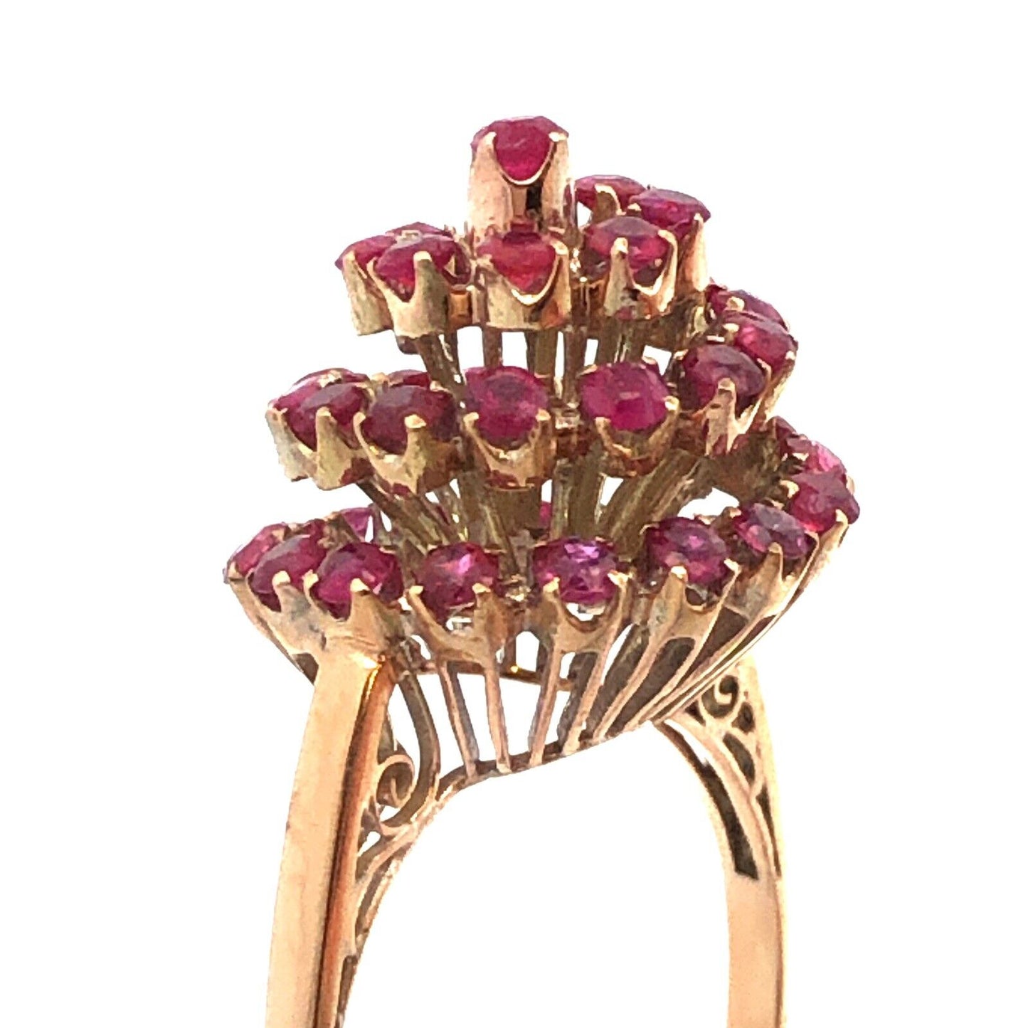 Vintage 10K Yellow Gold Ruby Cluster Swirl Princess Empire Cocktail Ring
