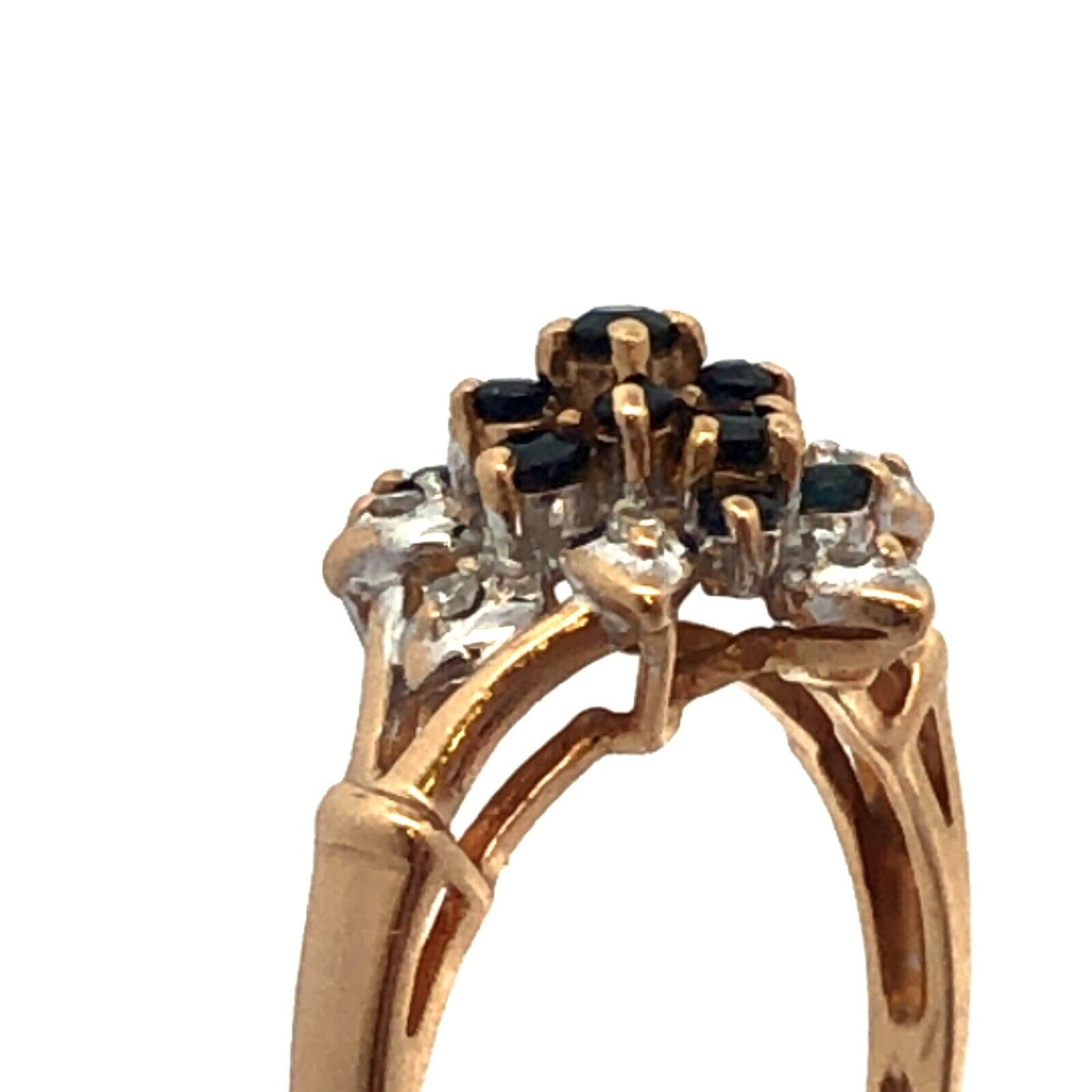 Vintage 10K Yellow Gold Sapphire Diamond Flower Waterfall Cluster Cocktail Ring