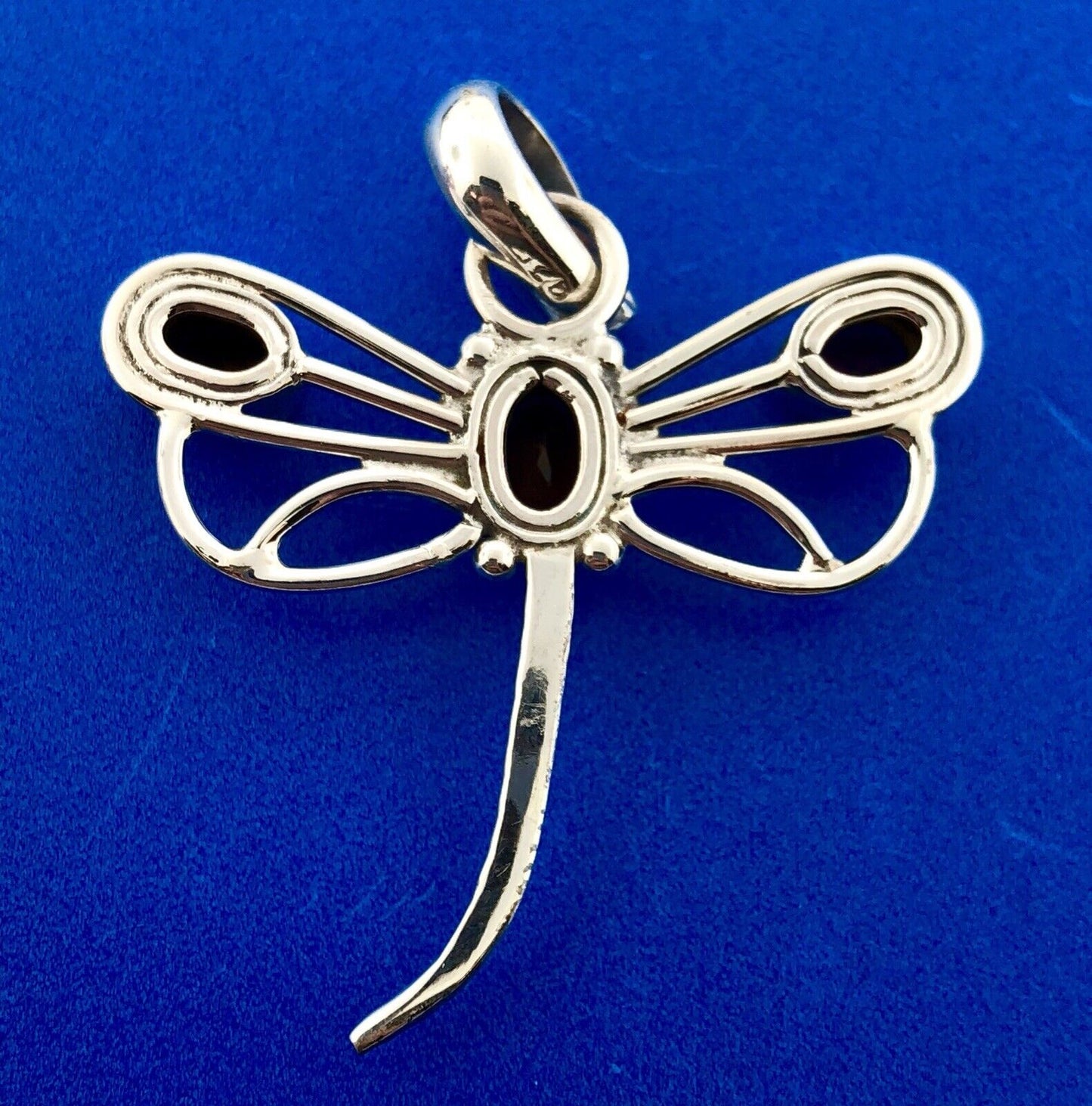 Sterling Silver 925 Garnet 3D Open Work Dragonfly Insect Statement Pendant