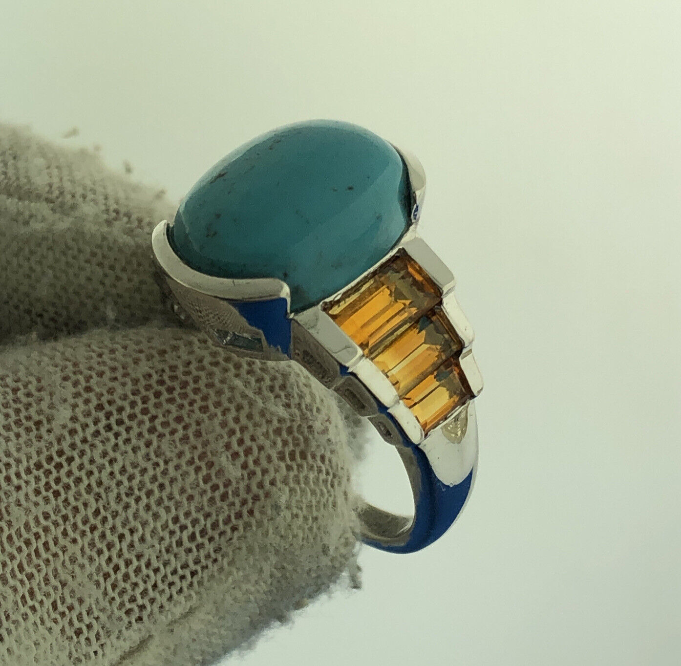 Stunning Sterling Silver 925 Oval Turquoise Cut Baguette Citrine Ring Size 6