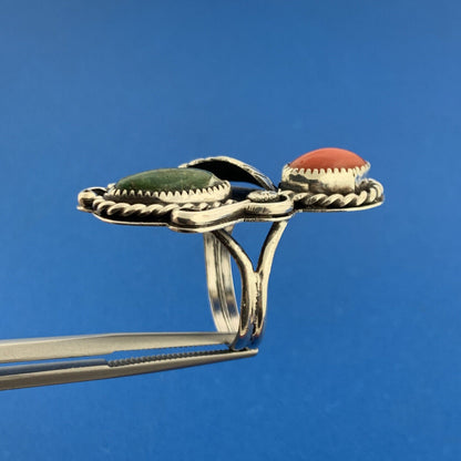 Native American Unsigned Sterling Silver Moss Agate Coral Squash Blossom Ring