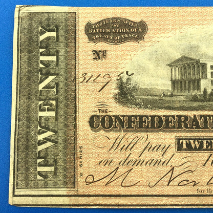 1864 $20 Twenty Dollars Confederate States of America CSA Last Issue T-67 Curren