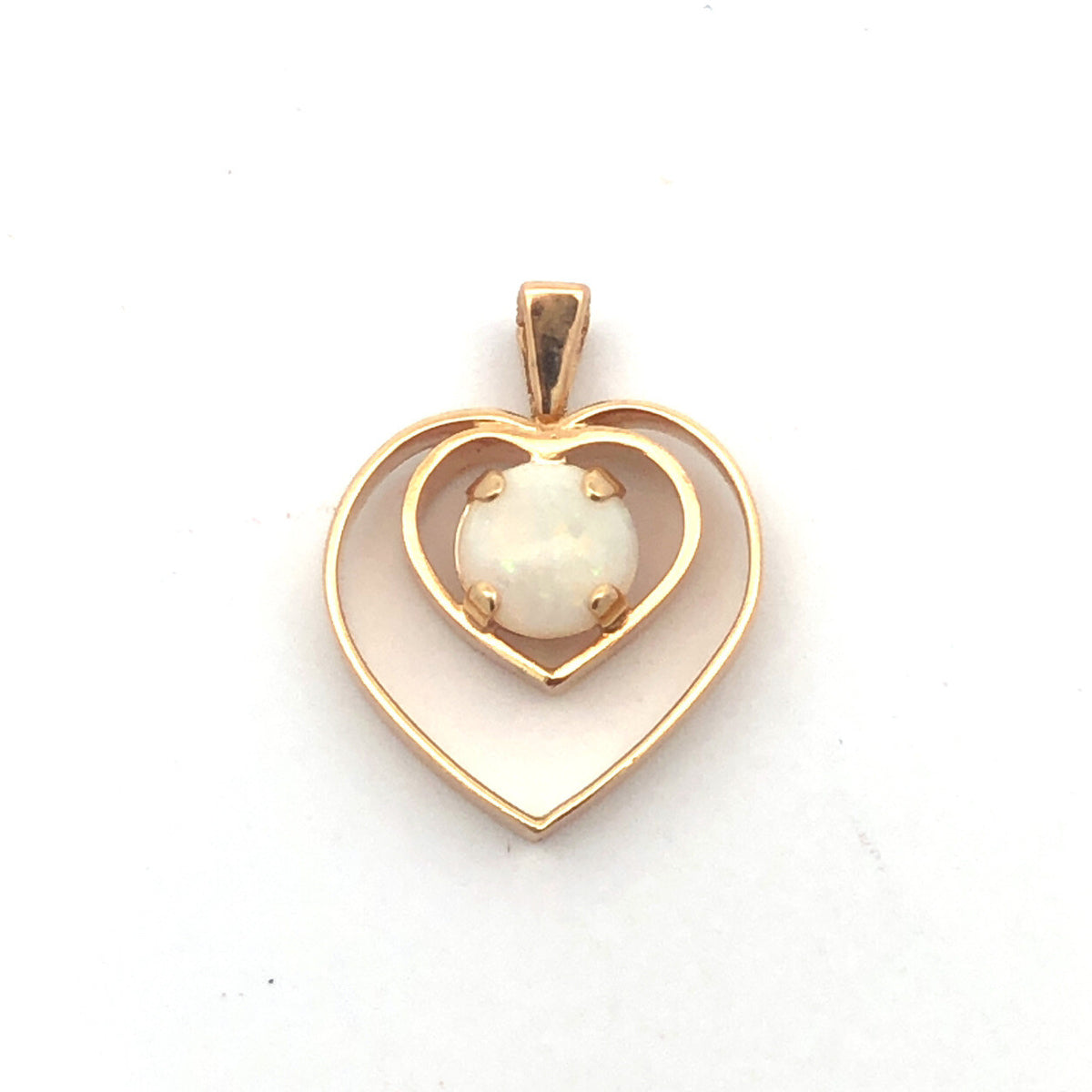 Designer 14K Yellow Gold Round Opal Open Work Double Heart Pendant