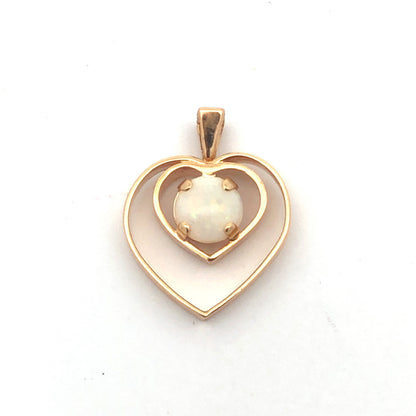 Designer 14K Yellow Gold Round Opal Open Work Double Heart Pendant