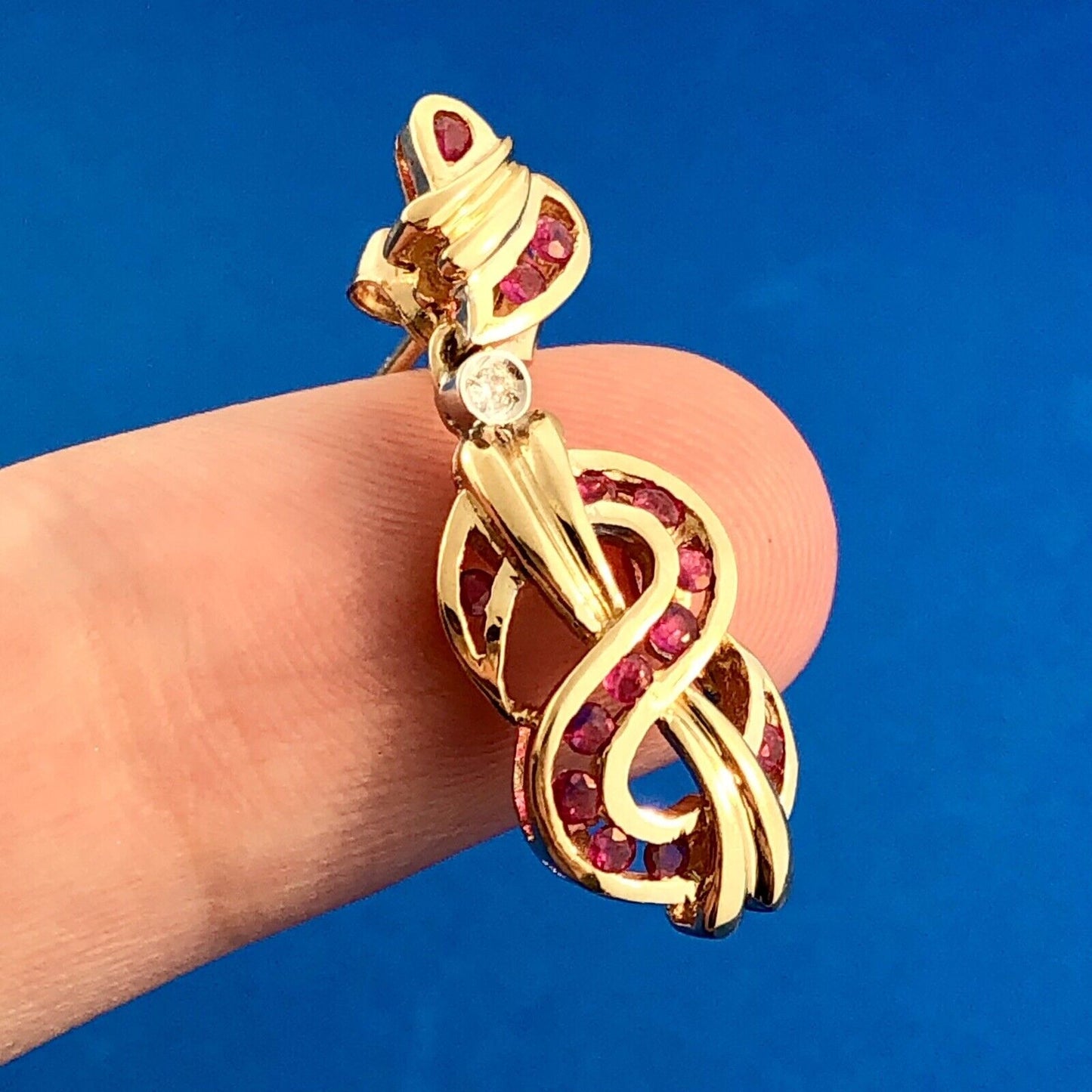 Designer 14K Yellow Gold Ruby Diamond Abstract Heart Inifinity Dangle Earrings