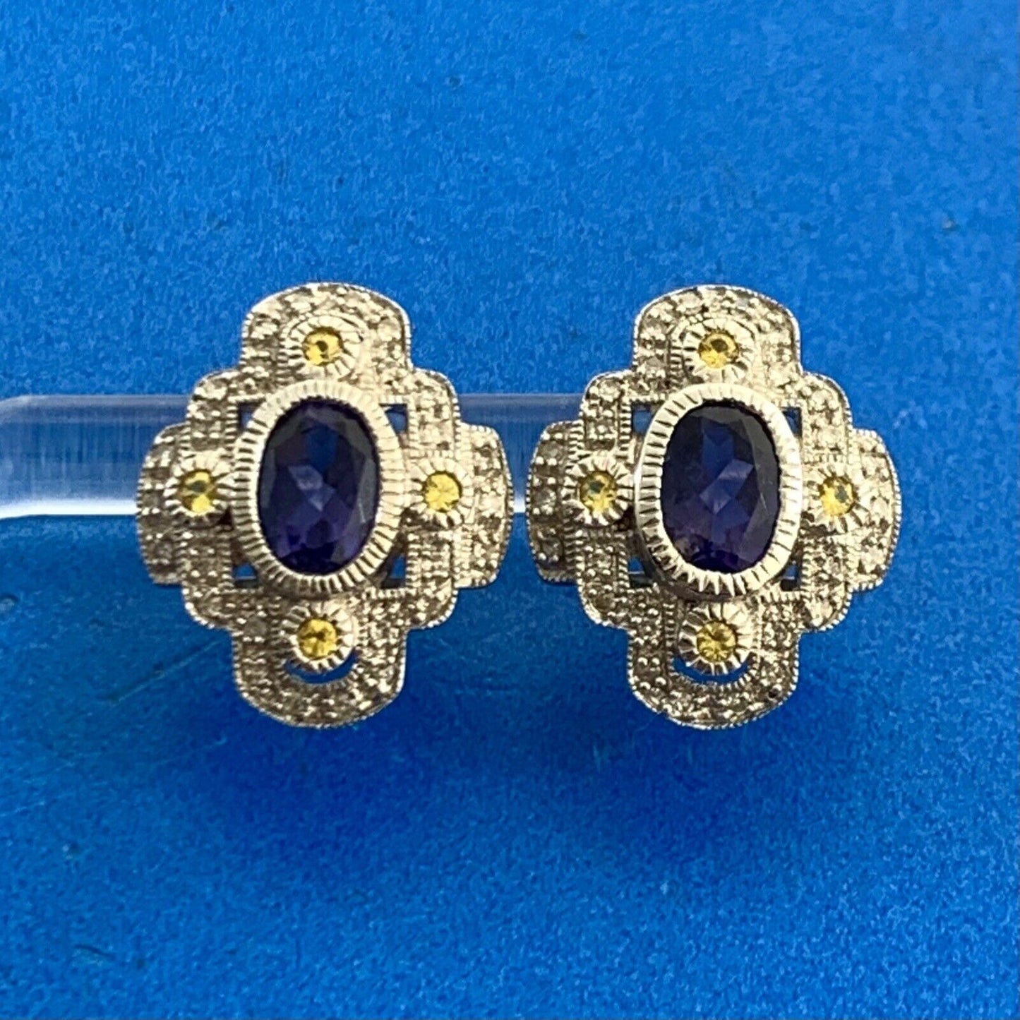 Designer 10K White Gold Oval Tanzanite Yellow Topaz Diamond Stud Earrings
