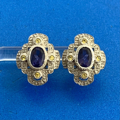 Designer 10K White Gold Oval Tanzanite Yellow Topaz Diamond Stud Earrings