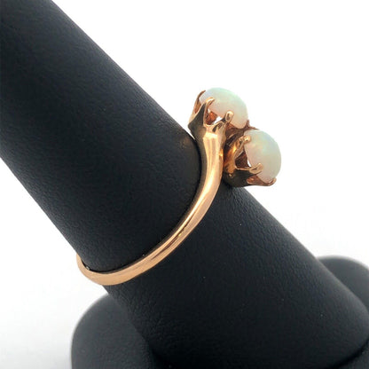 Retro 14K Yellow Gold Fire Opal Duo Bypass October Birthstone Cocktail Ring