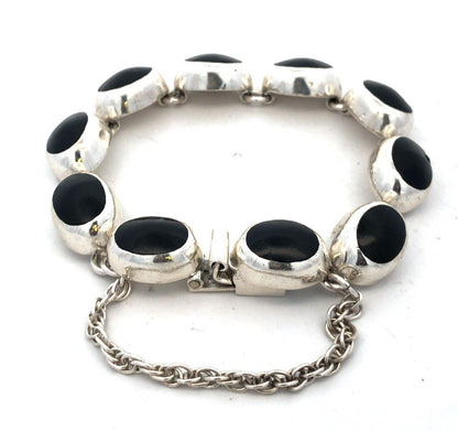 Vintage Taxco Mexico 925 Sterling Silver Oval Black Onyx Tennis Bracelet