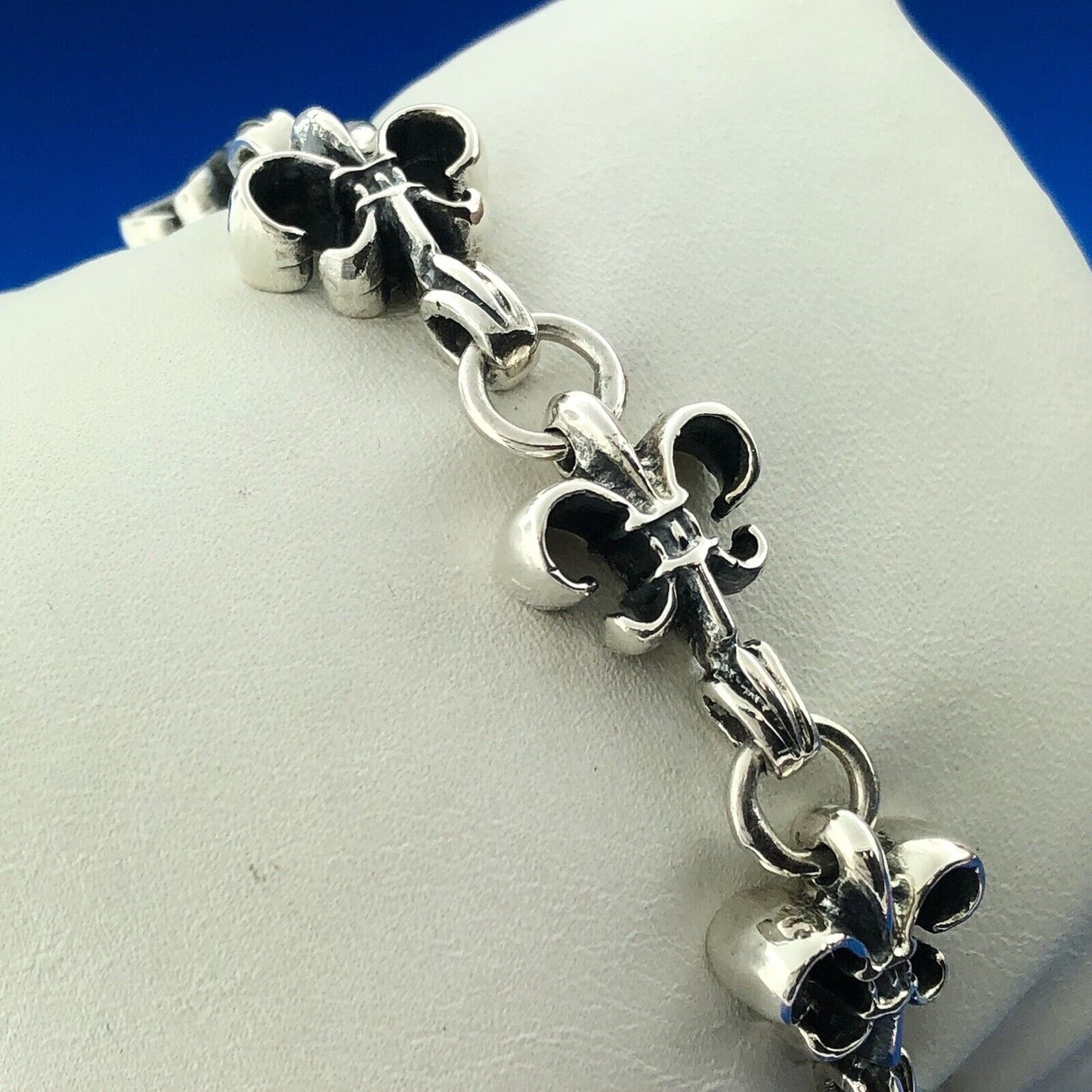 Retro 925 Sterling Silver Fleur De Lis Link Panel Toggle Bracelet