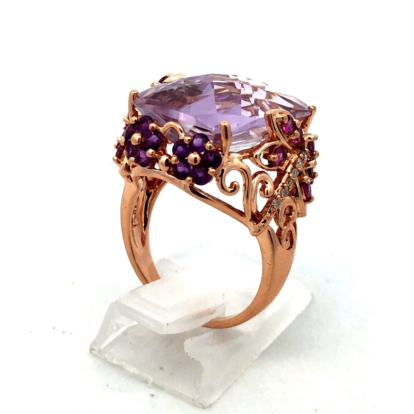 Designer 14K Yellow Gold Amethyst Pink Tourmaline Diamond Statement Floral Ring