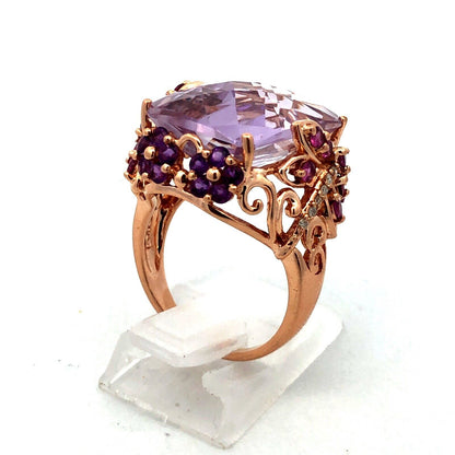 Designer 14K Yellow Gold Amethyst Pink Tourmaline Diamond Statement Floral Ring