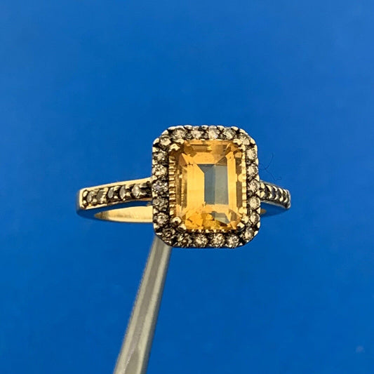 LeVian 14K Yellow Gold Radiant Cut Citrine Champagne Diamond Halo Ring