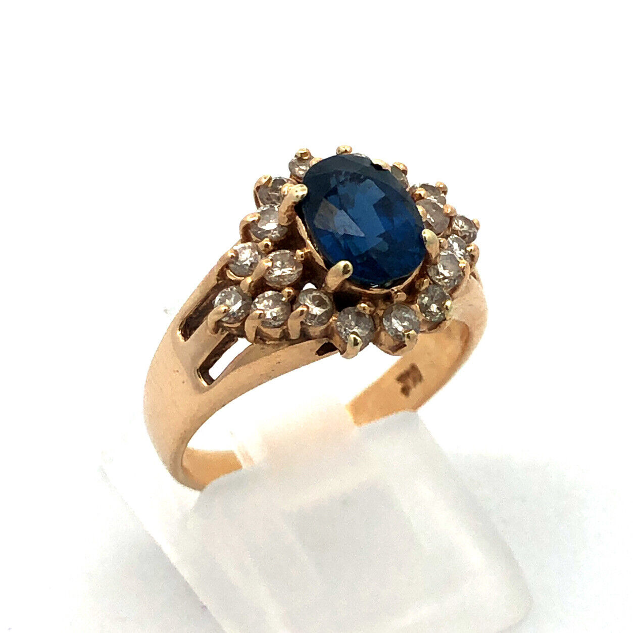 Vintage 14K Yellow Gold Oval Blue Sapphire Round Diamond Halo Anniversary Ring