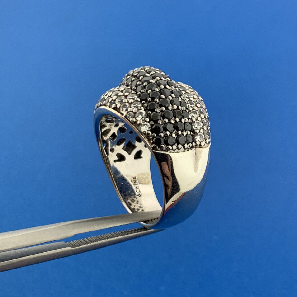 Estate JD 925 Sterling Silver Pave Black White Cubic Zirconia Dramatic Dome Ring