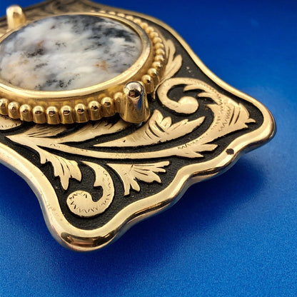 Dramatic Brass Black White Jasper Stone Scroll Intaglio Rectangle Belt Buckle