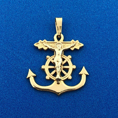Designer 14K Yellow Gold Sailor's Crucifix Anchor Ships Wheel Charm Pendant