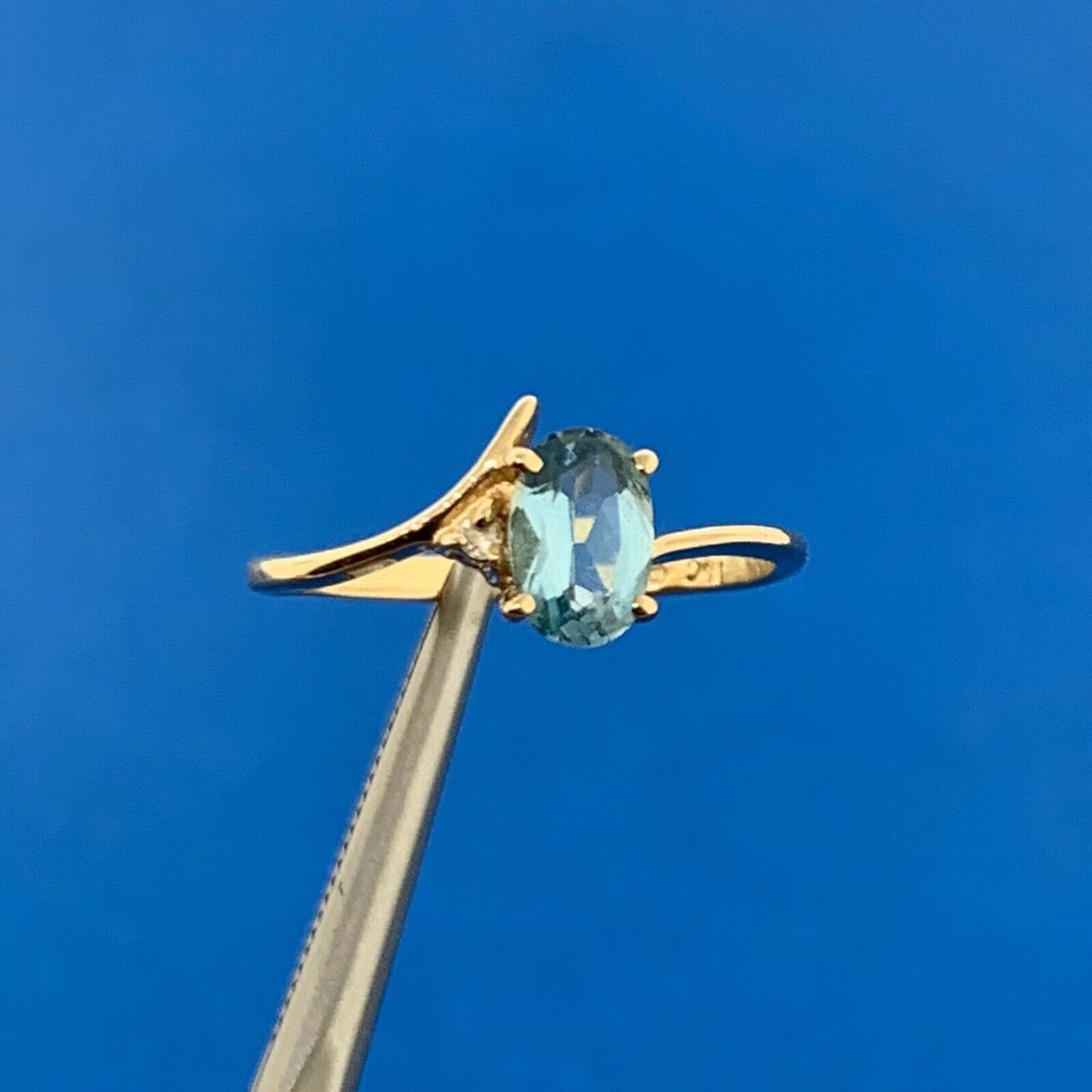 Designer 14K Yellow Gold Oval Blue Topaz Diamond Accent Size 4.5 Ring