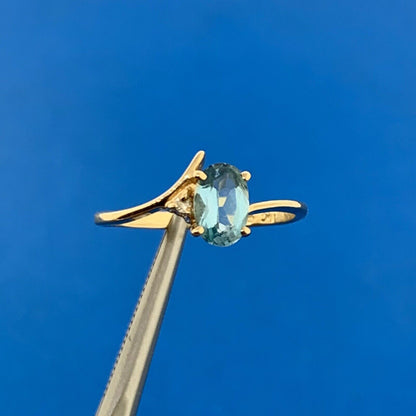 Designer 14K Yellow Gold Oval Blue Topaz Diamond Accent Size 4.5 Ring