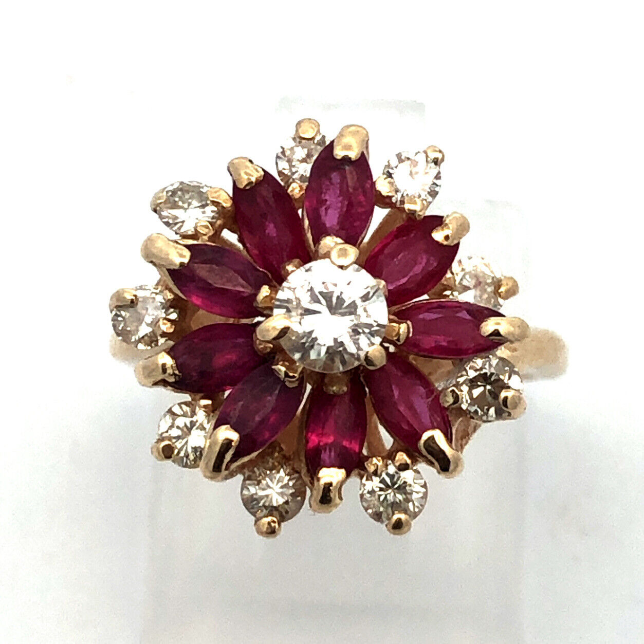 Vintage 14K Yellow Gold Round Diamond Marquise Lab Created Ruby Cocktail Ring