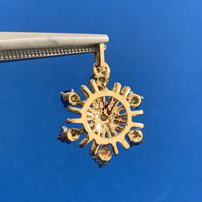 Vintage 14K Yellow Gold Blue Sapphire Diamond Pinwheel Starburst Pendant
