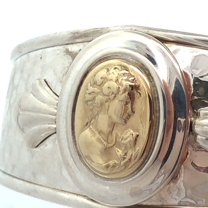 Designer Italy 925 Sterling Silver 14K Gold Cameo Hammered Open Cuff Bracelet