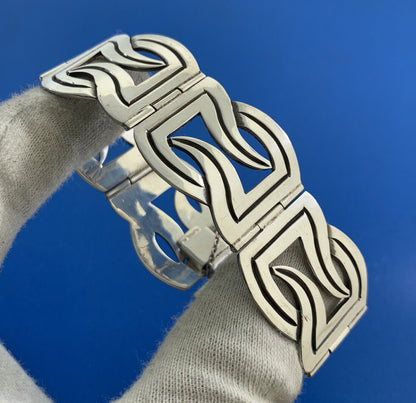 Vintage Taxco Arvel 925 Sterling Silver Modernist Wave Panel Cuff Bracelet